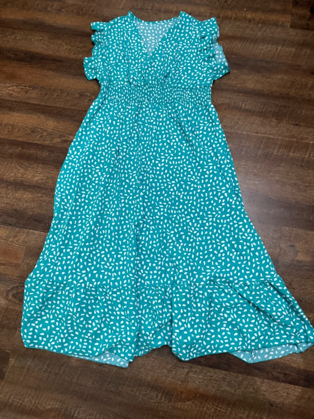 SHEIN 3XL Teal Polka Dot Maxi Dress Ruffle Sleeve Smocked Waist Flowy Boho